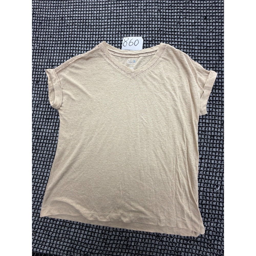 Croft & Barrow Top Womens Small Tan Linen Blend Crochet V-Neck